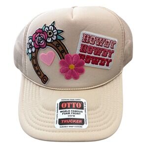 NWT Western Trucker Hat Tan Mesh Cap Howdy Horseshoe Flower Patch Snapback OSFM
